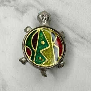 Chico's Vintage Multicolor Enamel Turtle Brooch Pin Silver Tone ✨